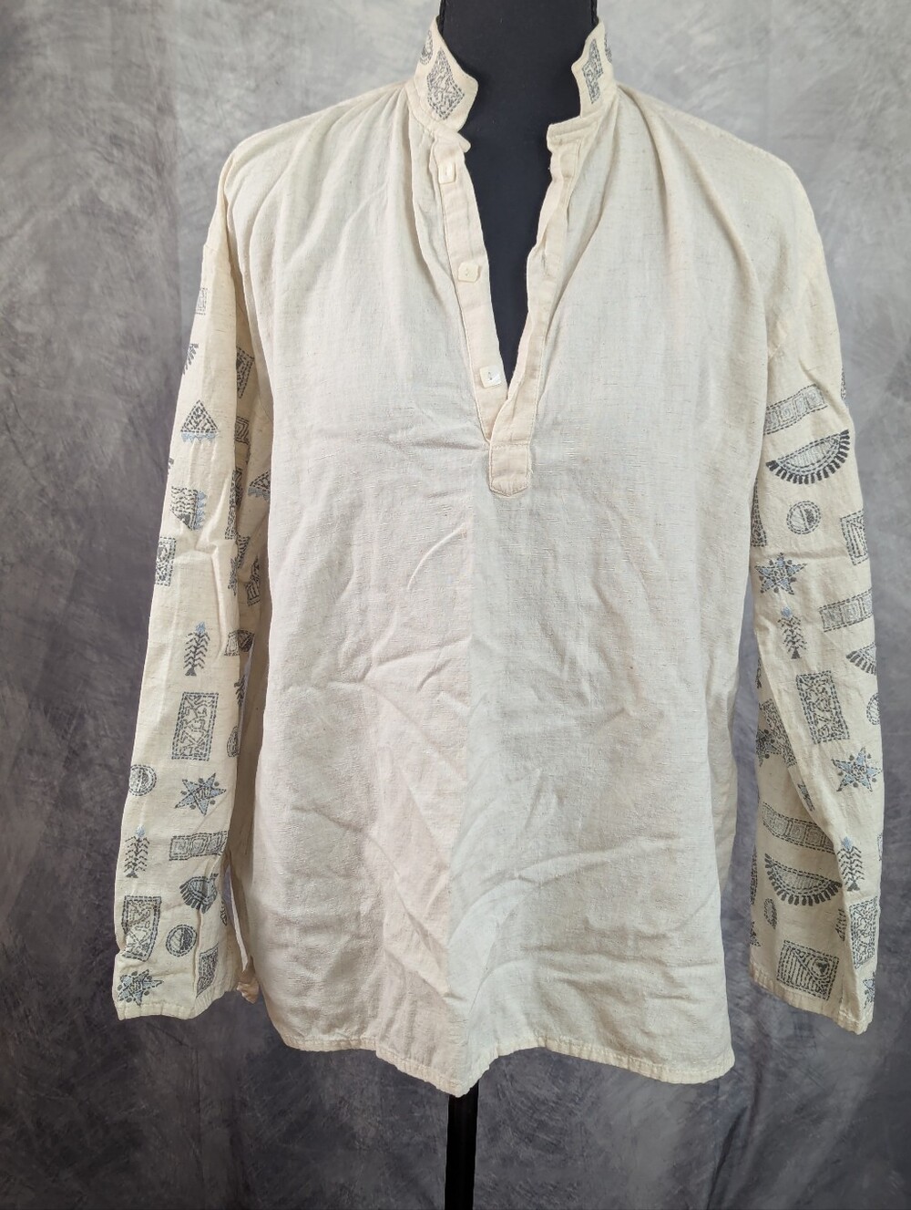 Linen Cream Shirt with Embroidered Sleeves And Collar